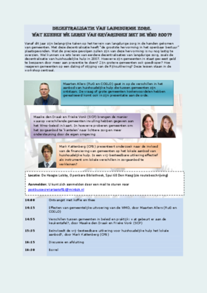 Workshop "decentralisatie van langdurige zorg. Wat kunnen we leren van ervaringen met de Wmo 2007?"
