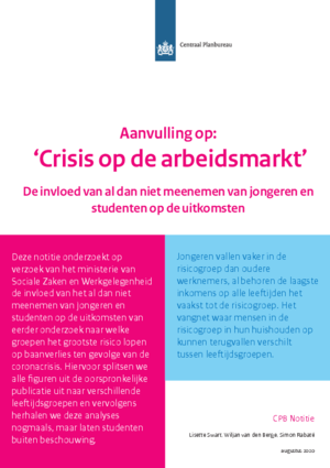 <a href="/aanvulling-op-de-coronapublicatie-crisis-op-de-arbeidsmarkt-de-rol-van-jongeren-en-studenten">Aanvulling op de coronapublicatie ‘Crisis op de arbeidsmarkt’: De invloed van al dan niet meenemen van jongeren en studenten op de uitkomsten</a>