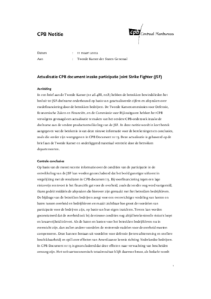 Actualisatie CPB document inzake participatie Joint Strike Fighter (JSF)