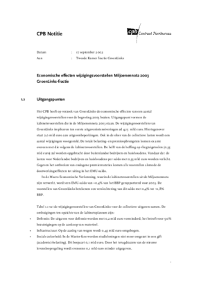 Economische effecten wijzigingsvoorstellen Miljoenennota 2003 GroenLinks-fractie